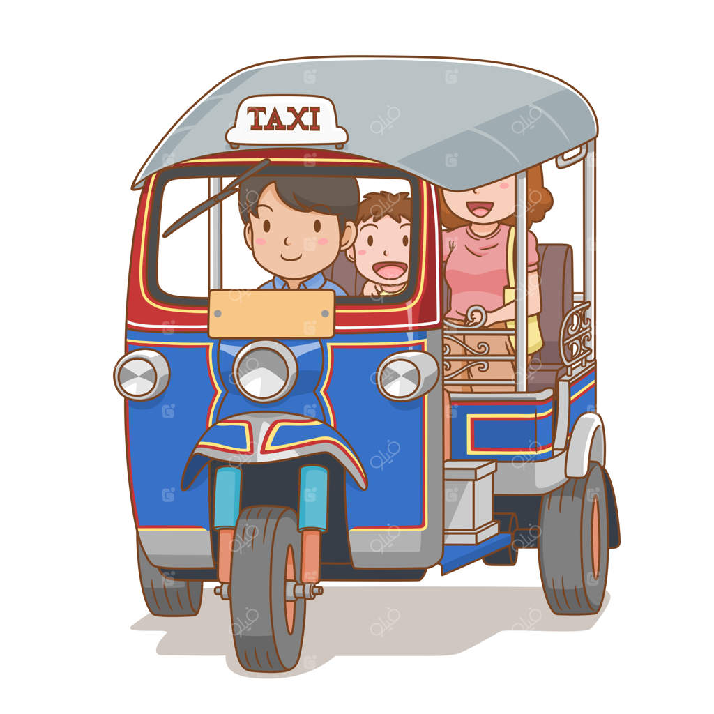 تصویر کارتونی از مردم در حال سفر با توک توک