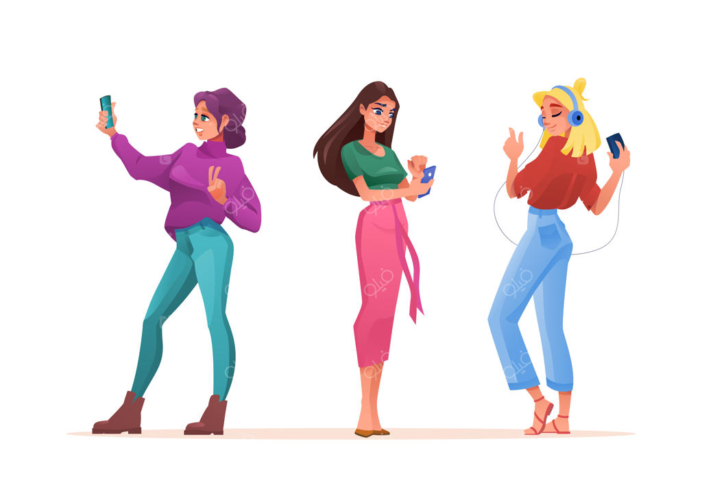 زنانی که از تلفن همراه یا گوشی هوشمند استفاده می‌کنند - آیکون‌های تخت برداری از دختری که با موبایل موسیقی گوش می‌دهد