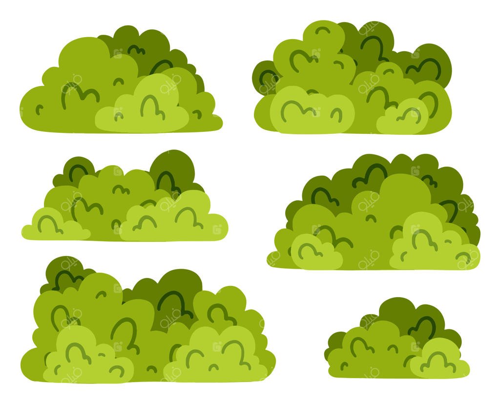 مجموعه‌ای از طرح‌های مختلف بوته‌های سبز در اشکال و اندازه‌های متنوع. ایده‌آل برای طراحی منظرسازی، تصاویر با موضوع طبیعت یا پروژه‌های مرتبط با باغ. طراحی ساده بوته‌های سبز.