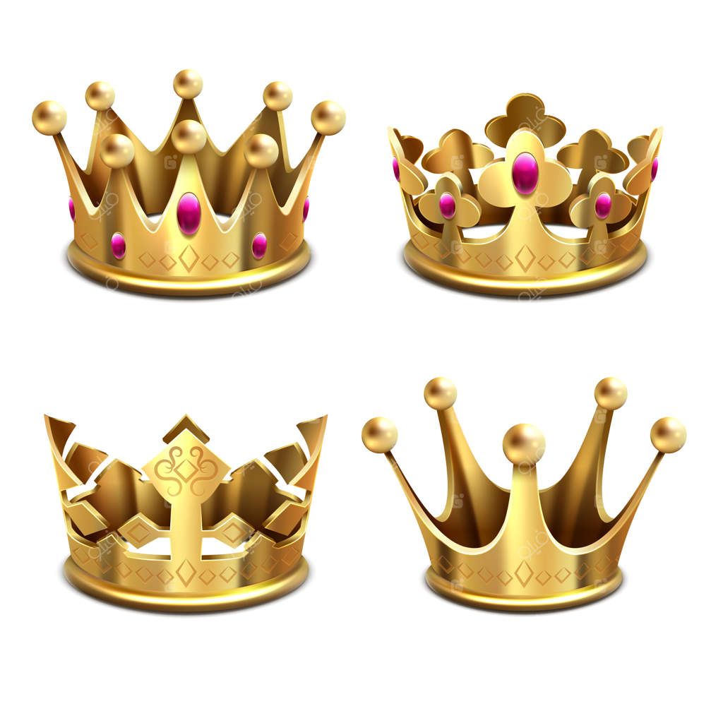 مجموعه‌ای از تاج‌های سه‌بعدی طلایی: نمادهای سلطنت و پادشاهی. تاج طلایی شاهانه