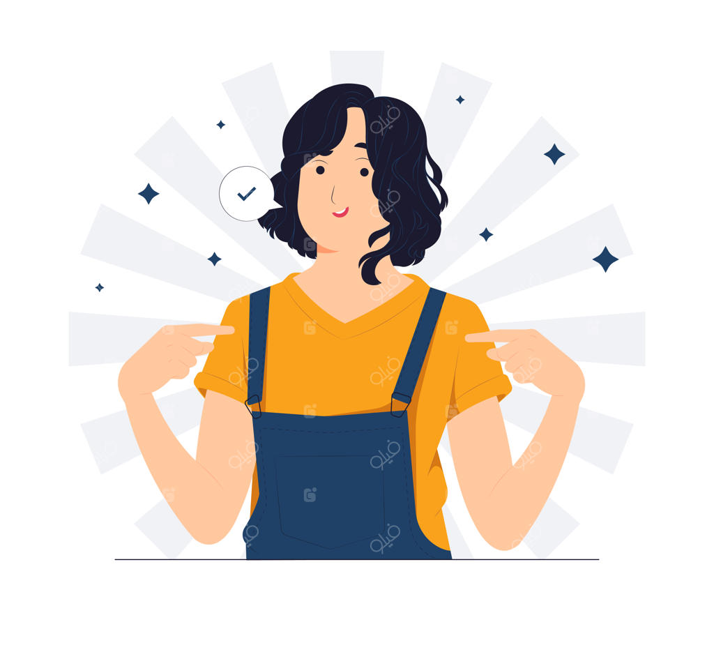 تصویرسازی دختر شجاع و خندان در حال اشاره به خود با انگشت؛ مفهوم اعتماد به نفس، غرور و عزت نفس بالا