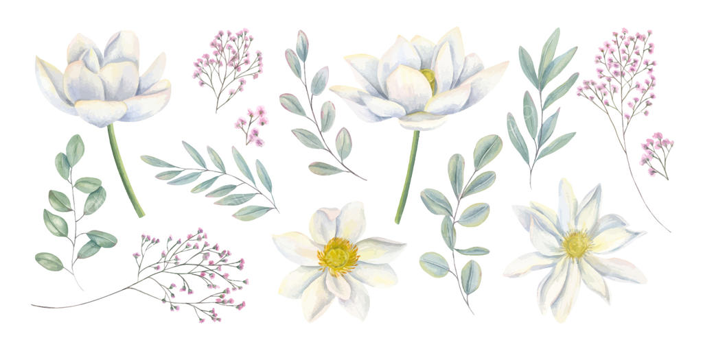 ترکیب گل‌های آبرنگی زیبا با برگ‌ها - وکتور حرفه‌ای