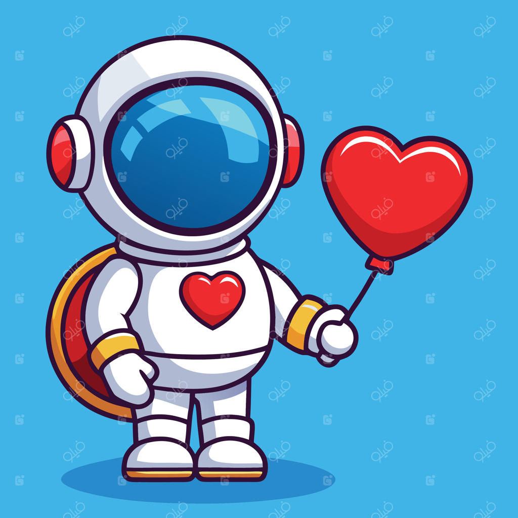 فضانورد کارتونی بامزه با بادکنک قلبی قرمز بر زمینه آبی
