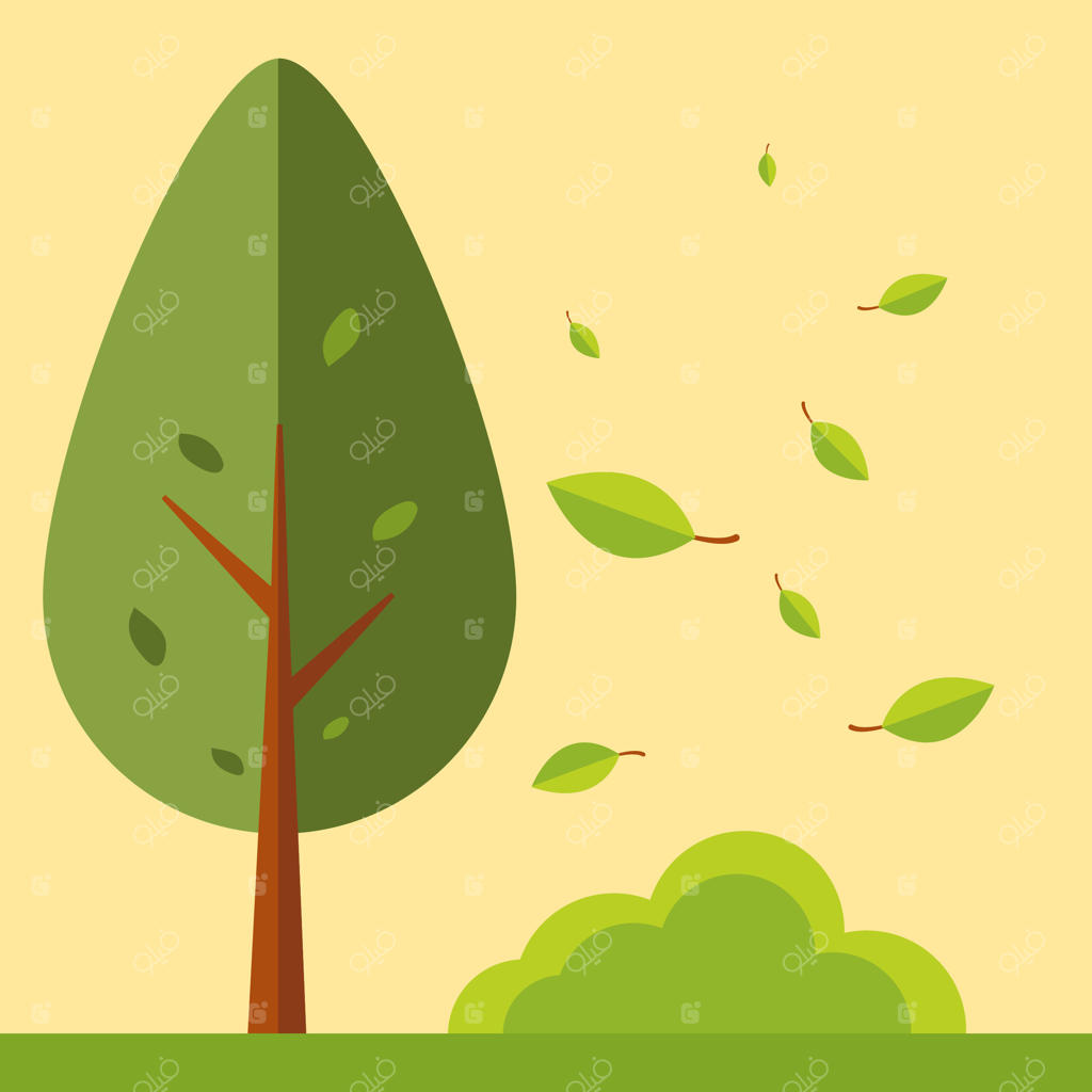 تصویری کارتونی از درختی با برگ‌هایی در باد