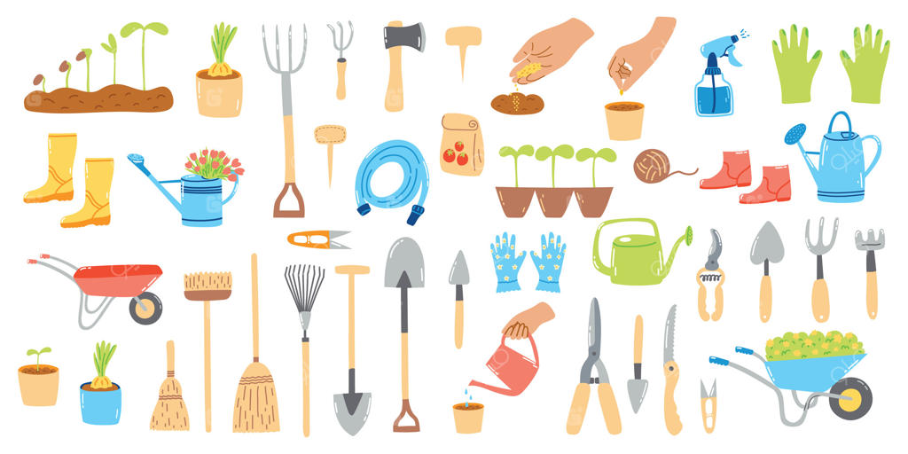 مجموعه بزرگی از عناصر طراحی شده دستی باغ. تصویرسازی کارتونی وسایل مزرعه و اقلام کشاورزی