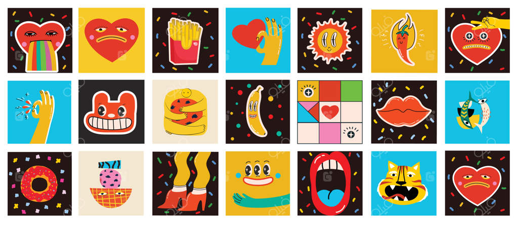 مجموعه بزرگی از وکتورهای رنگارنگ برای پوسترها در طراحی کارتونی تخت - اشکال抽象ی دست‌کشیده، چهره‌ها با بافت‌های مختلف و شخصیت‌های بامزه کمیک