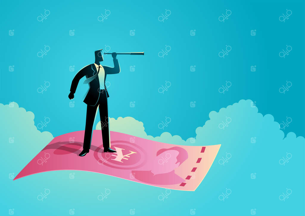 تاجر با تلسکوپ بر روی اسکناس پرنده یوان