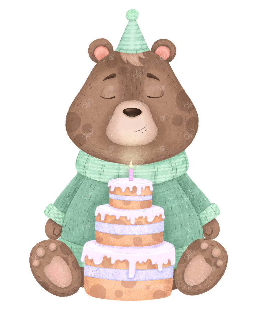 خرس بانمک در ژاکت و کلاه با کیک و شمع، تصویری برای تولد.