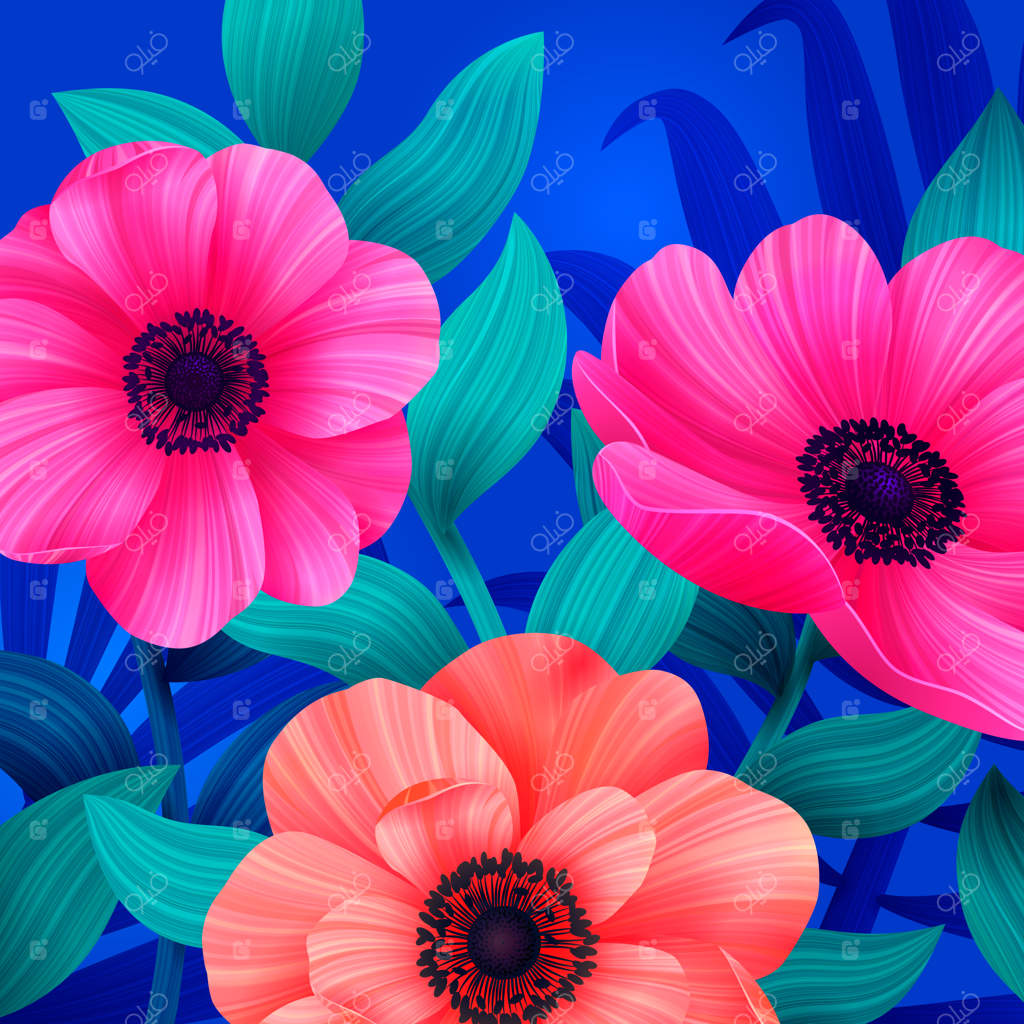 پیش‌زمینه‌ی درخشان استوایی با گل‌های صورتی و مرجانی