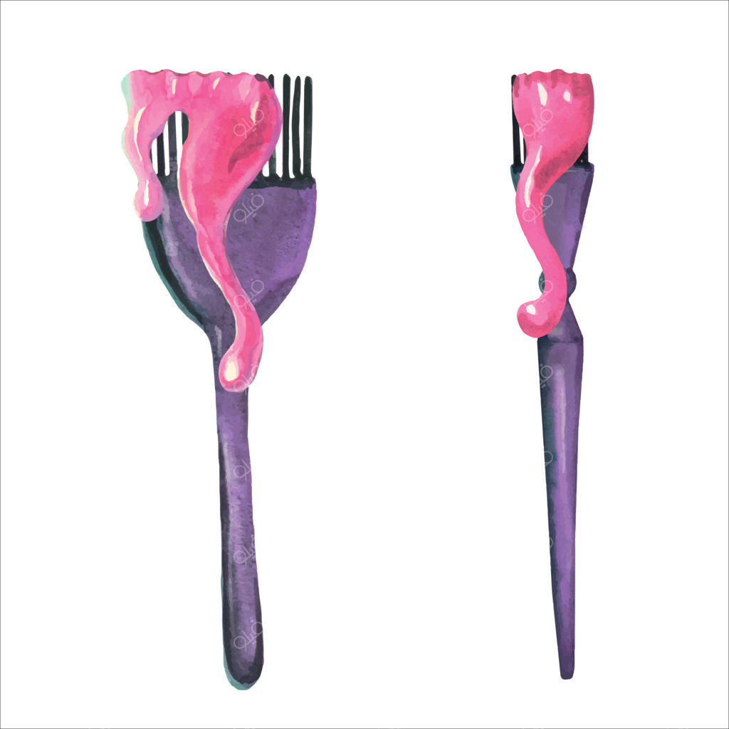 ست براش‌های حرفه‌ای بنفش با لکه‌های رنگ موی صورتی روی زمینه سفید. تصویر آبرنگی از تجهیزات آرایشگری برای نشان، مهر، برچسب، گواهینامه، بروشور، تراکت، پوستر.