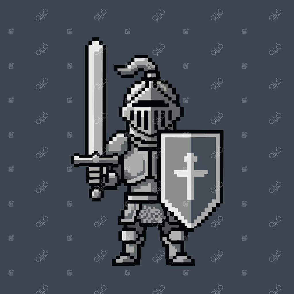 شوالیه پیکسلی با شمشیر و سپر.