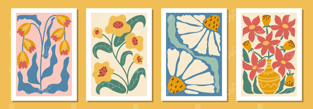 مجموعه پوسترهای گلدار رنگارنگ با الهام از هنر ماتیس، با برگ‌ها و شکوفه‌های انتزاعی در رنگ‌های جسور و زنده. مناسب برای دیوارهای گالری، فضاهای خلاقانه یا دکوراسیون مدرن.