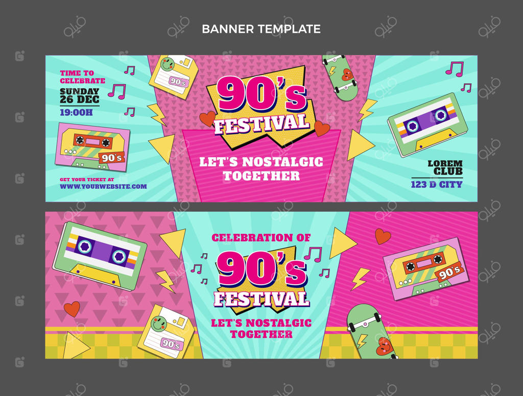 بنرهای افقی جشنواره موسیقی به سبک دهه ۹۰ با طراحی فلت