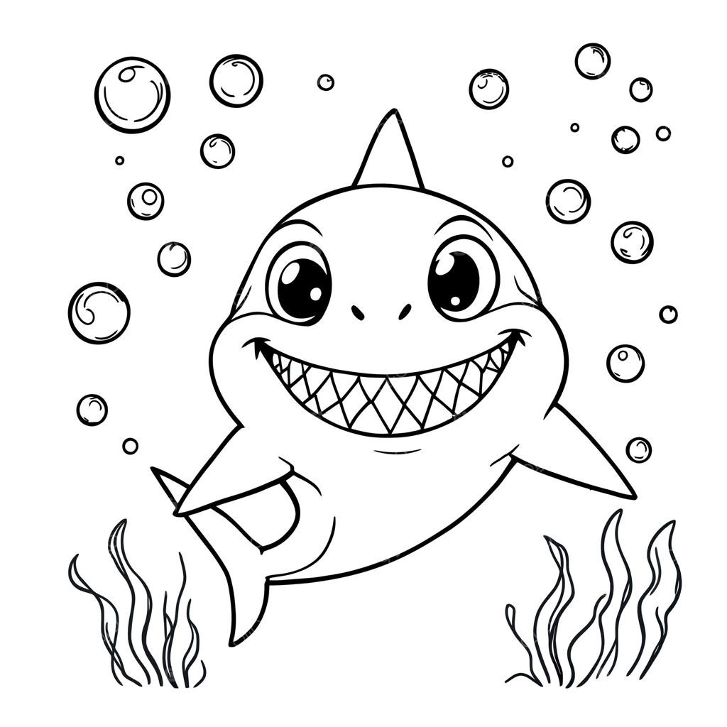 کوسه بچه‌ ناز در حال شنا در زیرآب همراه با حباب‌ها و جلبک‌ها برای رنگ‌آمیزی کودکان