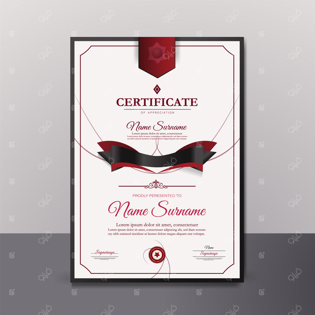 گواهینامه با طراحی مدرن و استایل وکتور، در رنگ‌های مشکی و زرشکی
