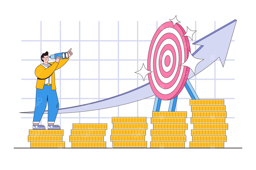 سرمایه‌گذاری یا رشد مالی: افزایش سود و درآمد و موفقیت در مدیریت ثروت، بازرگان در جستجوی آینده با دوربین دوچشمی در میان انبوهی از سکه‌ها