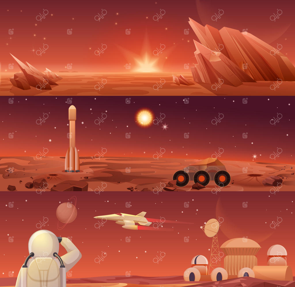 استعمار و کاوش سیاره قرمز، مریخ: منظره کهکشانی مریخ با حضور رُوور، شاتل فضایی، سفینه و شهرک‌های مستعمراتی با حضور فضانوردان. قالب‌ها و بنرهای افقی.