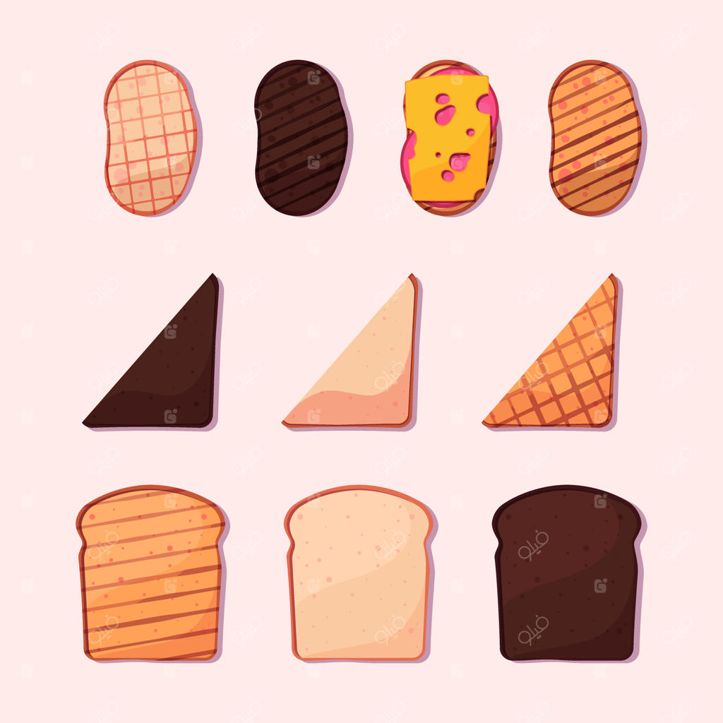 مجموعه تصاویری از نان تست کارتونی: برش‌های تازه نان فرانسوی برای تهیه صبحانه‌ای خوشمزه و رنگارنگ