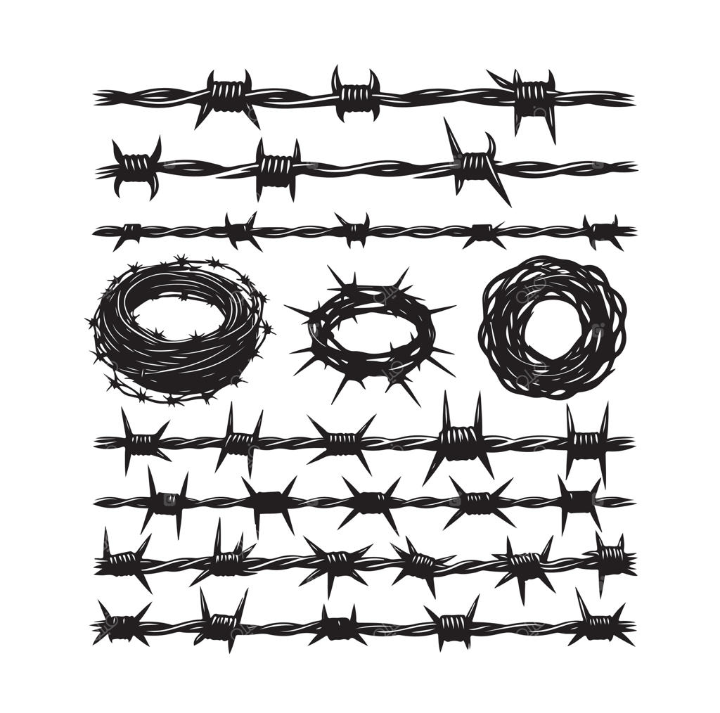 مجموعه سیم خاردار روی پس‌زمینه سفید. سیم تیغی با سبک هندسی مینیمال و مدرن. مجموعه حصار خشن زندان. تصویرسازی مناسب برای طراحی وب