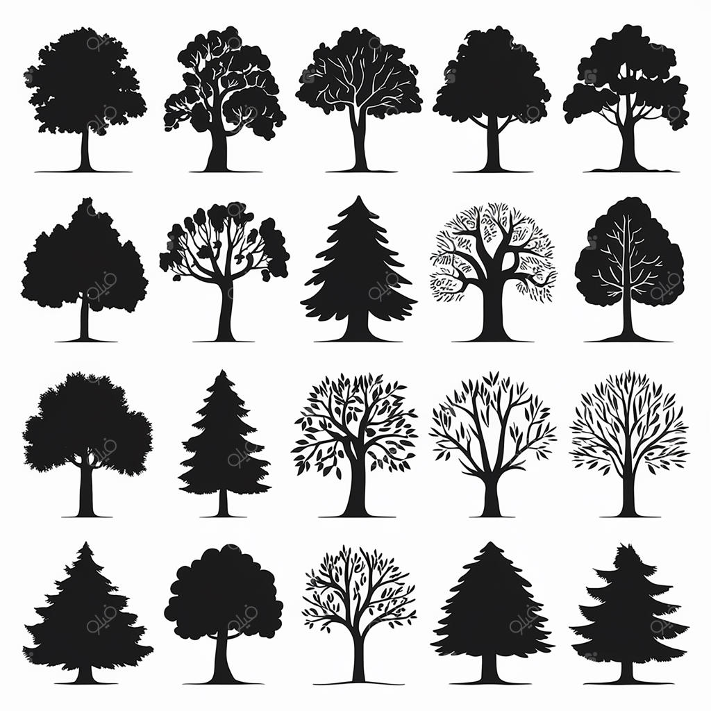 مجموعه درختان ضد نور با اشکال و ابعاد متنوع و چیدمان شبکه‌ای در پس‌زمینه سفید