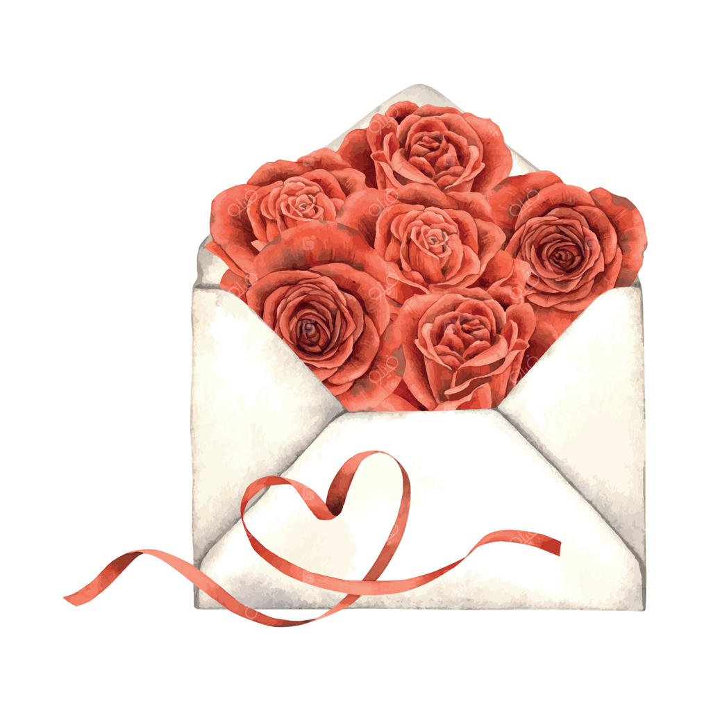 دسته‌ای از گل‌های رز قرمز در پاکتی کاغذی با روبان ساتن به شکل قلب. تصویر آبرنگی مناسب برای تزئین گل‌فروشی‌ها، طراحی عروسی، ولنتاین و کارت‌پستال‌ها.