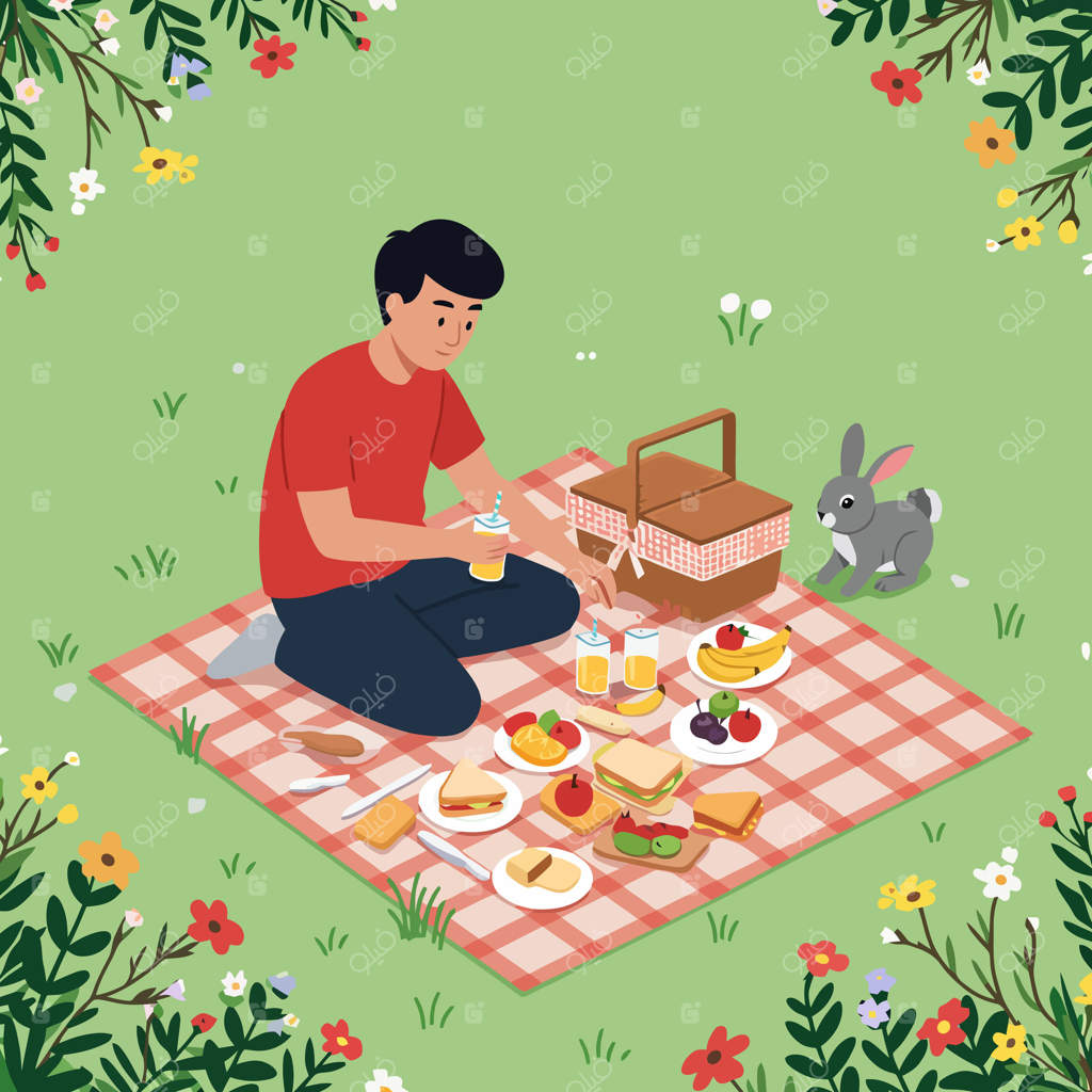 لذت بردن از پیکنیک آرامش‌بخش در باغی پر از گل و خرگوش‌ها