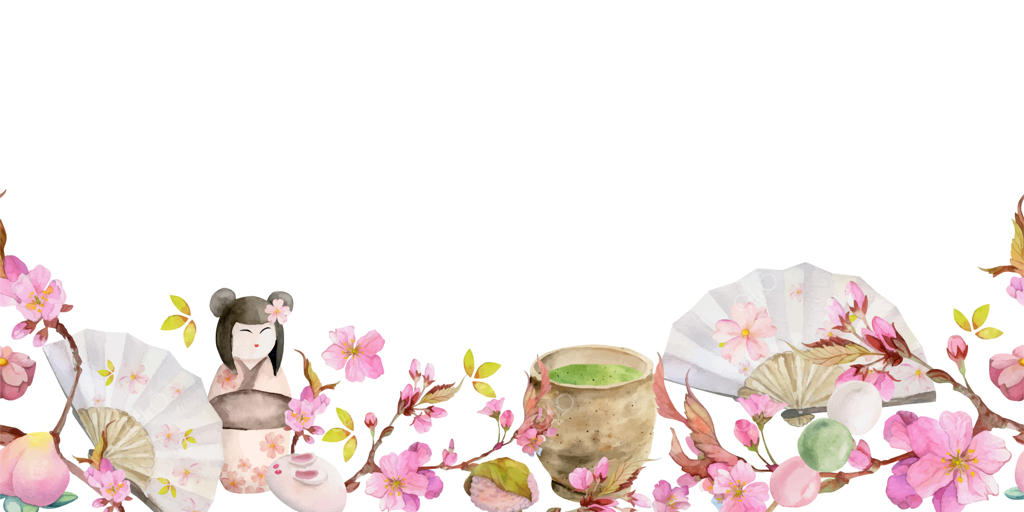 حاشیه پهن و یکپارچه آبرنگ از شیرینی‌های سنتی ژاپنی با طراحی واگاشی گل ساکورا برای دعوتنامه‌ها، منوی رستوران، کارت‌های تبریک و چاپ بر روی پارچه