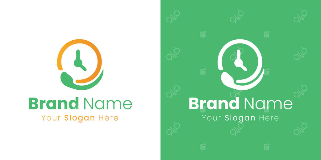 طراحی لوگوی دایره‌ای با عقربه‌های ساعت و شعار شرکت در زیر برای هویت برند