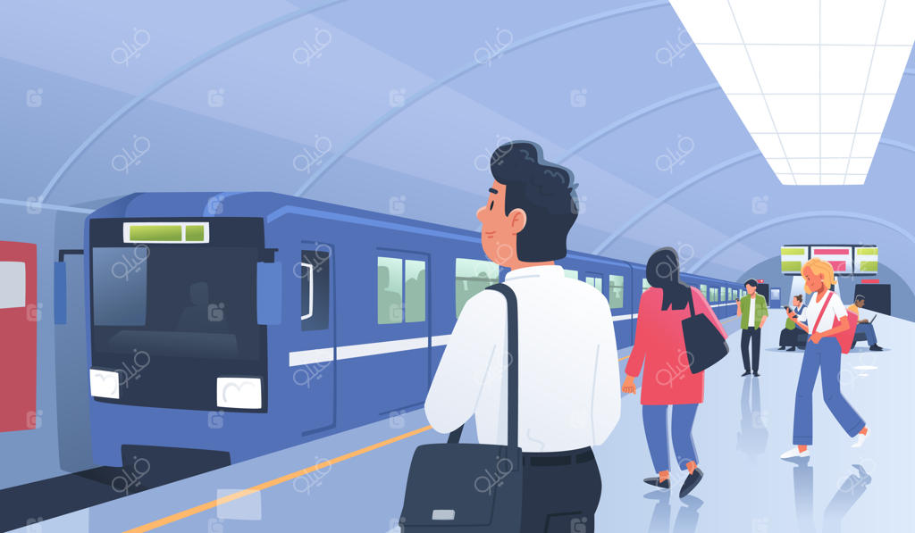 قطار مترو وارد ایستگاه زیرزمینی می‌شود و مسافران در سکوی انتظار هستند