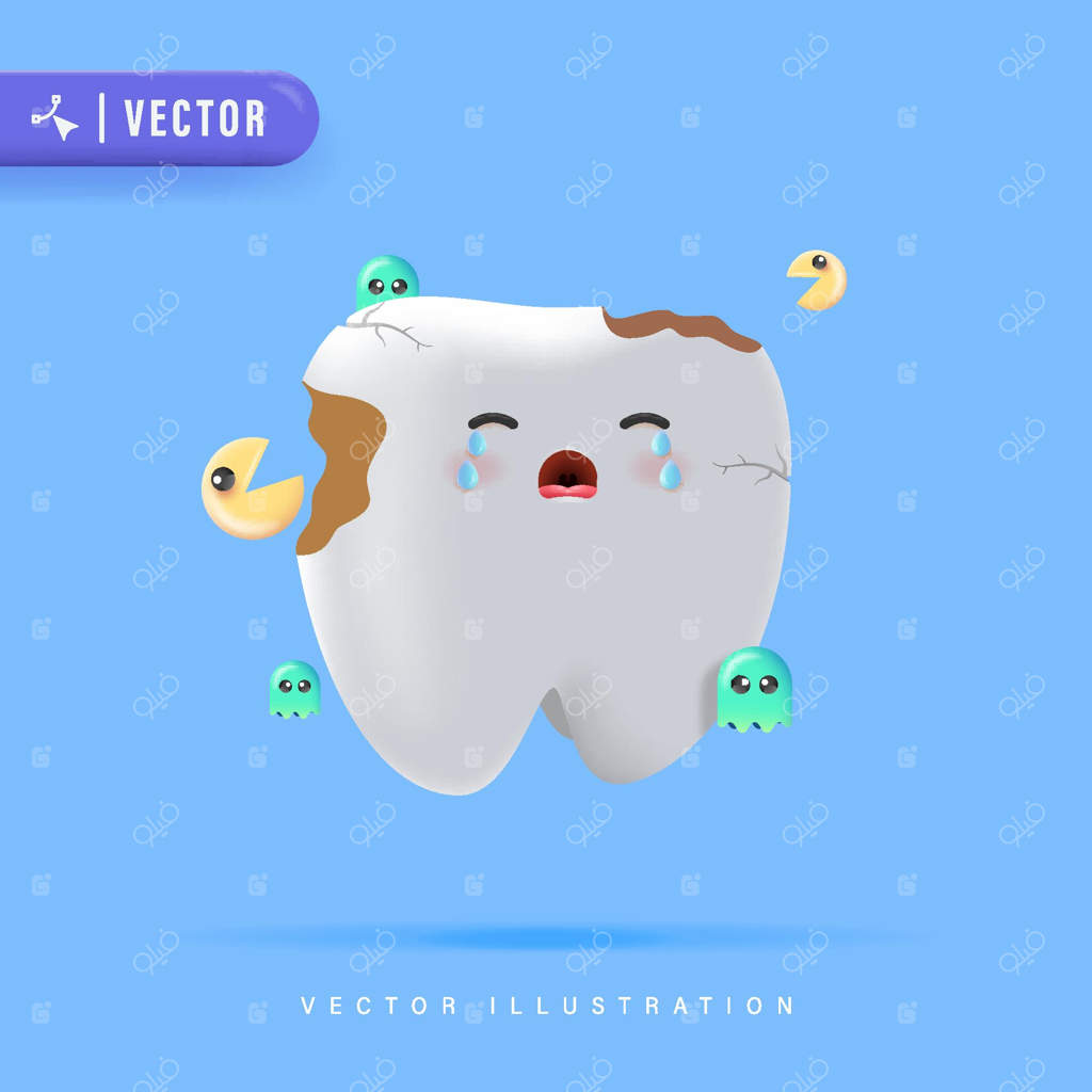 شخصیت دندان به خاطر باکتری‌ها گریه می‌کند. تصویرسازی پوسیدگی دندان