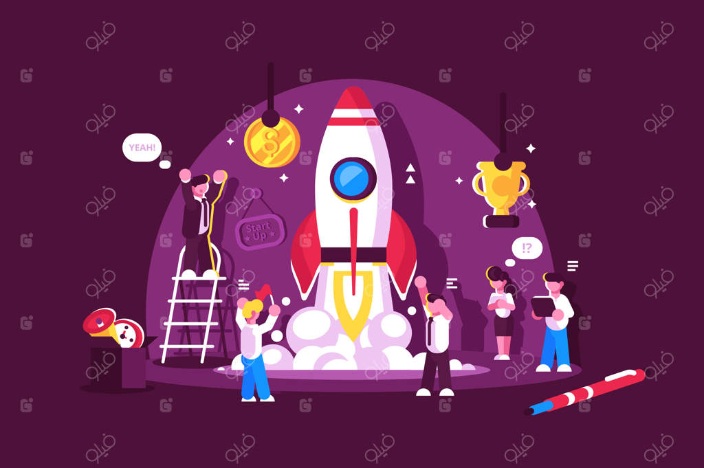 تصویر موشک قرمز به هوا برخاسته در فضا با مردمی که جشن گرفته و تشویق می‌کنند