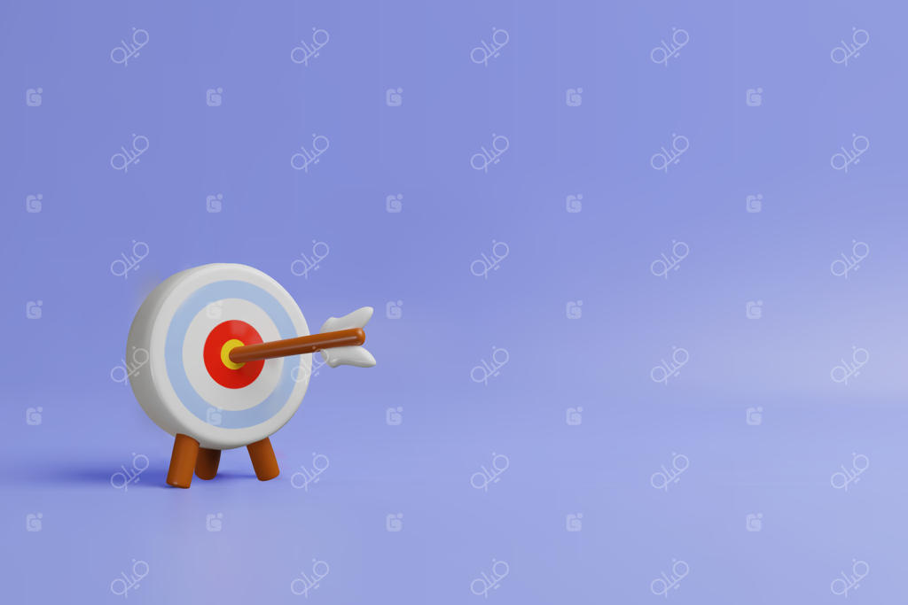 پوستر سه‌بعدی هدف. تصویر سه‌بعدی دارت و تیر. استراتژی موفقیت در کسب‌وکار و بازاریابی. رقابت ورزشی. چالش دقت در نشانه‌گیری. آیکون اینفوگرافیک.