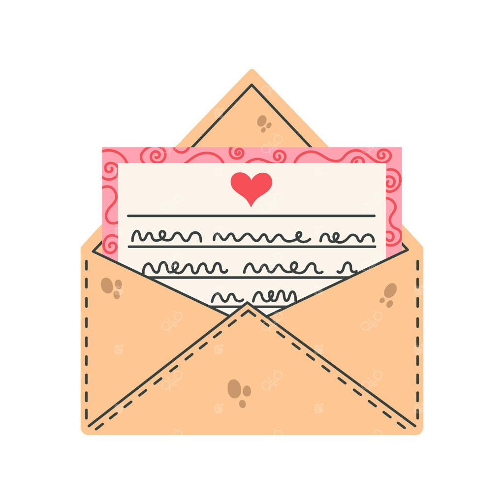آیکون نامه عاشقانه: پاکت باز، کاغذی با متن دست‌نویس و قلب. پیام عاشقانه، نامه روز ولنتاین، اعلام همدلی، دعوت به قرار، ازدواج. کلیپ‌آرت کارتونی تخت