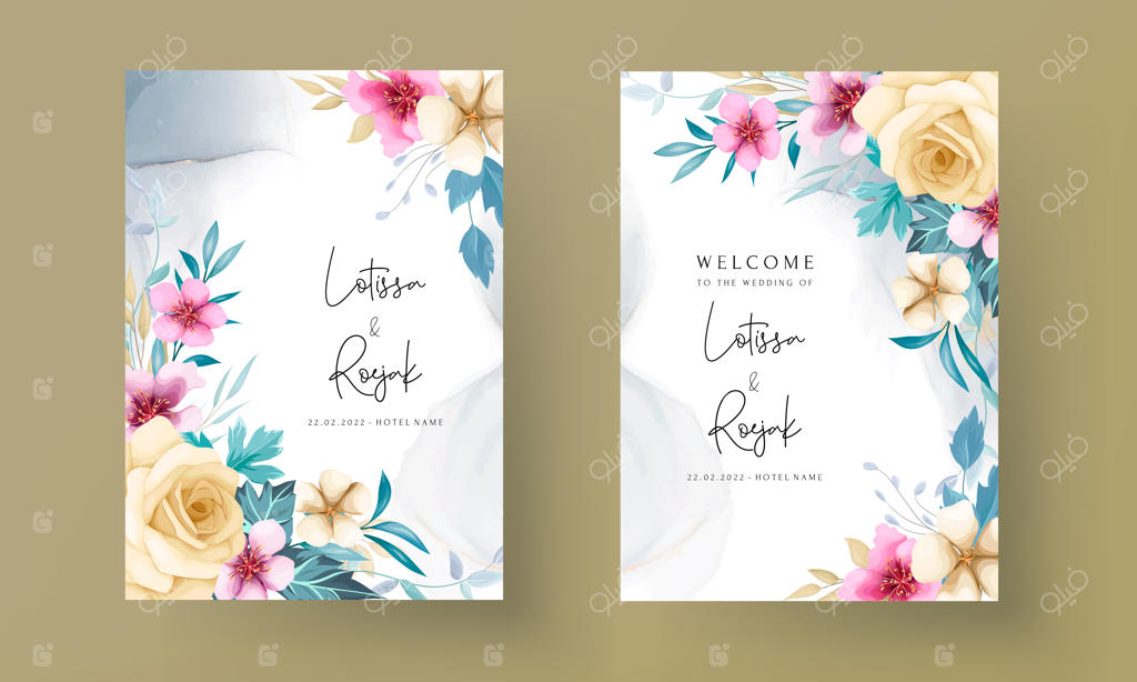 مجموعه کارت دعوت عروسی با طراحی دستی گل‌های رز زیبا