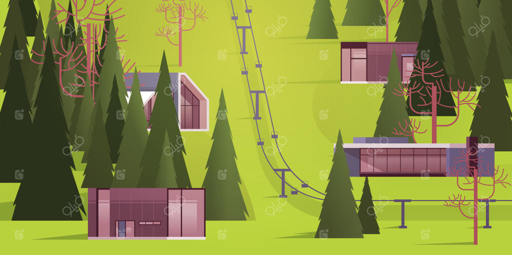 تله‌کابین در منطقه مسکونی کوهستانی، چشم‌انداز تابستانی پیست اسکی