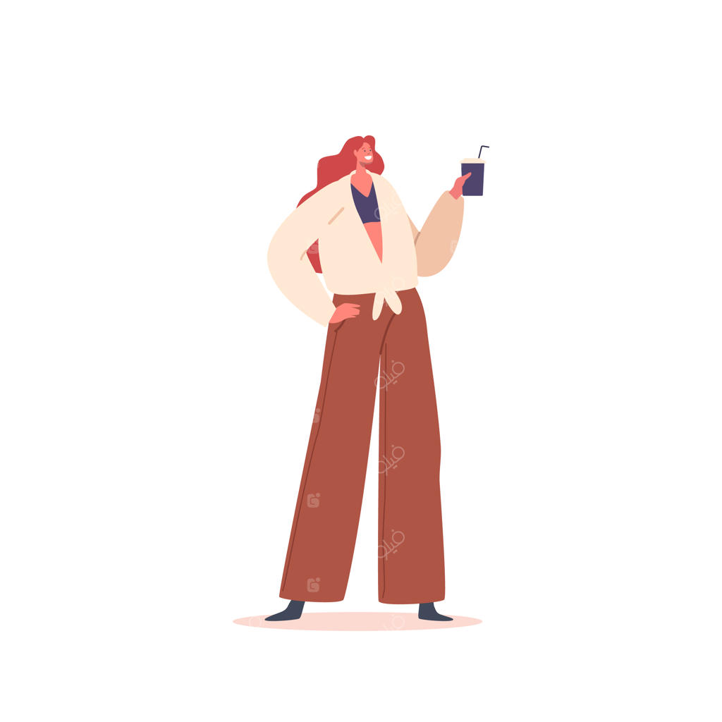 دختری جوان با لیوان قهوه و دست به کمر: لذت از یک نوشیدنی خوش‌طعم