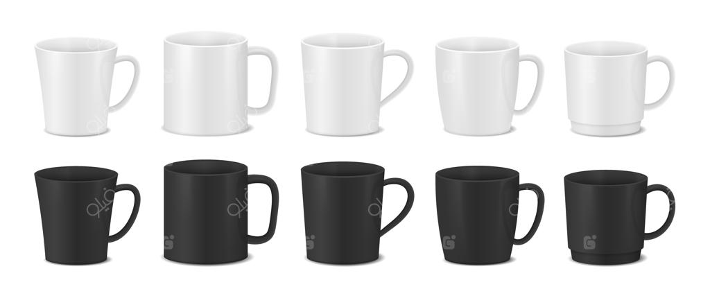 مجموعه‌ای از فنجان‌های سفید و سیاه: ماگ‌های قهوه واقع‌گرایانه.