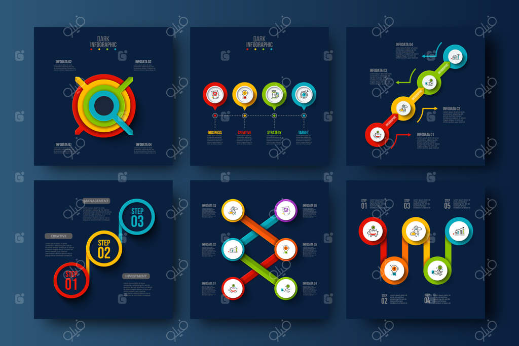 مجموعه عناصر اینفوگرافیک تاریک: چرخه، فرآیند، جدول زمانی و عناصر انتزاعی.