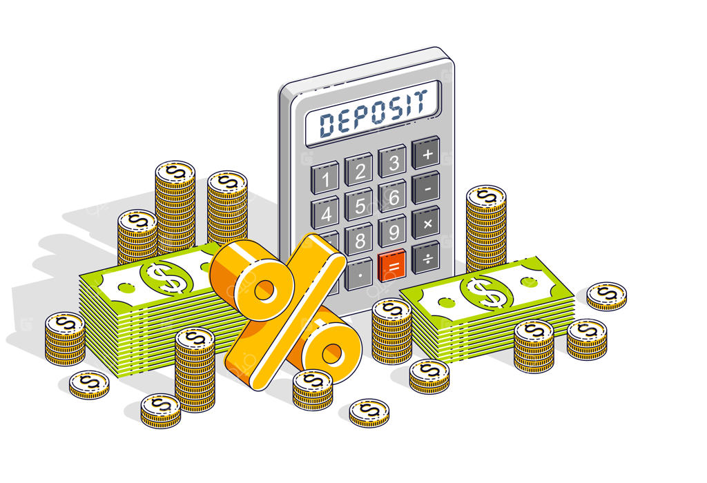 مفهوم سپرده‌گذاری و پس‌انداز: پشته دلار و سکه‌ها همراه با ماشین‌حساب روی زمینه سفید. تصویرسازی ایزومتریک سه‌بعدی از تجارت و امور مالی.