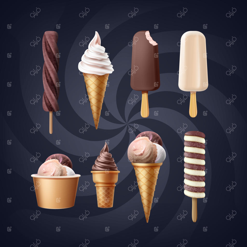 مجموعه‌ای از انواع مختلف بستنی مجزا شده