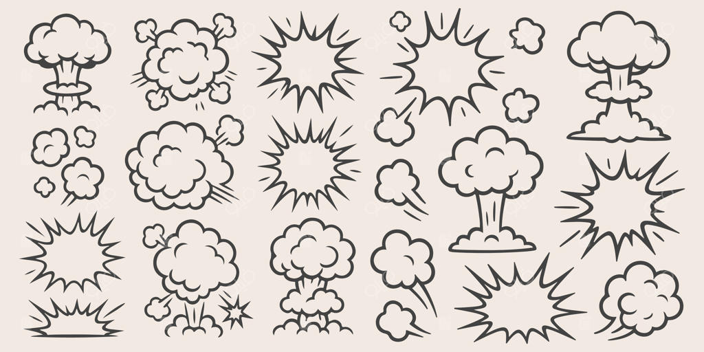 مجموعه کمیک انفجار و دود. افکت‌های ترسیمی بوم، انفجار و ابر دودودل