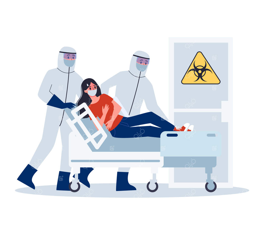 علائم و درمان: هشدار ویروس کرونا. بستری شدن زن مبتلا توسط پزشک با تجهیزات ویژه.