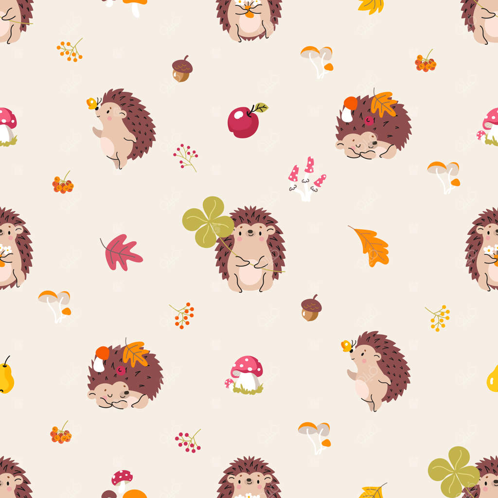 پترن پاییزی جوجه‌تیغی یکپارچه: طرح فانتزی جنگلی برای چاپ پارچه با قارچ و برگ‌ها و موجودات کوچک پاییزی، طراحی بافت مدرن وکتور