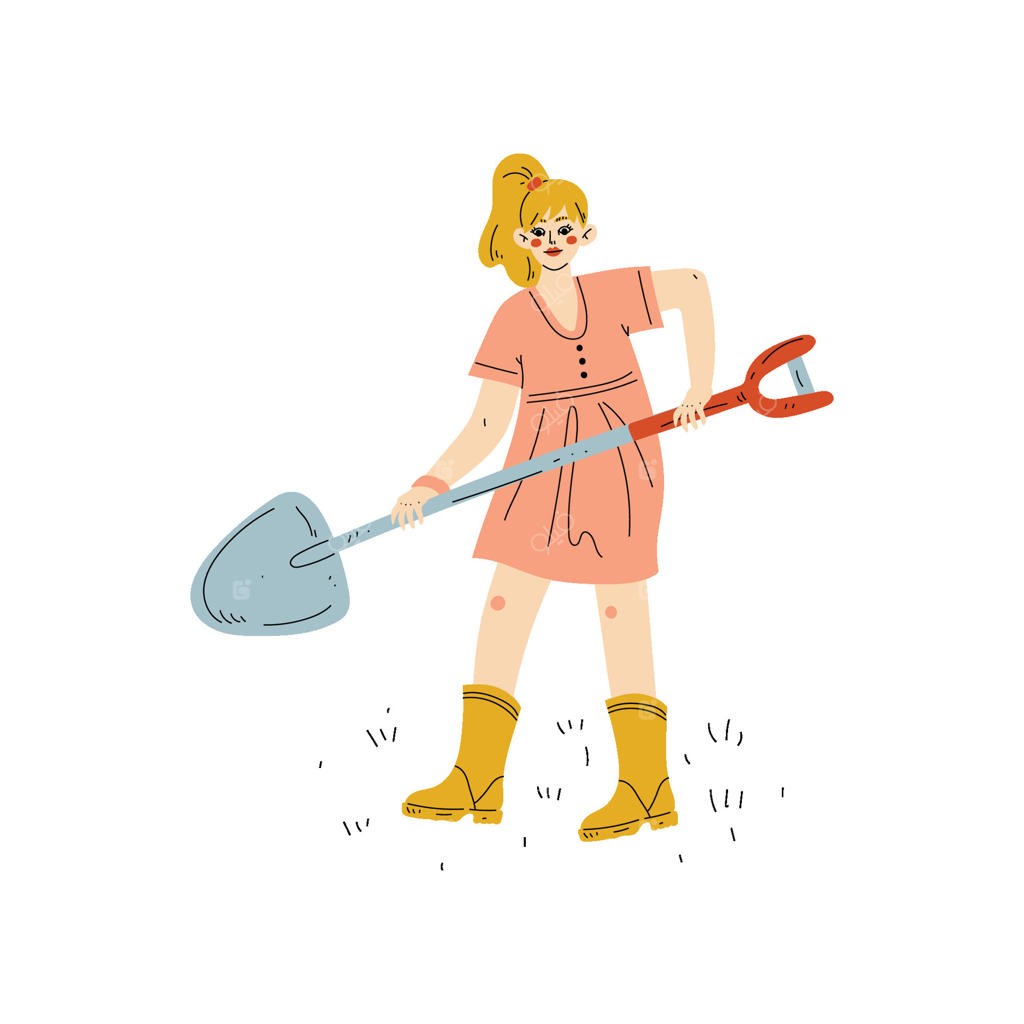 تصویر دختری با بیل در باغ یا مزرعه مشغول به کار