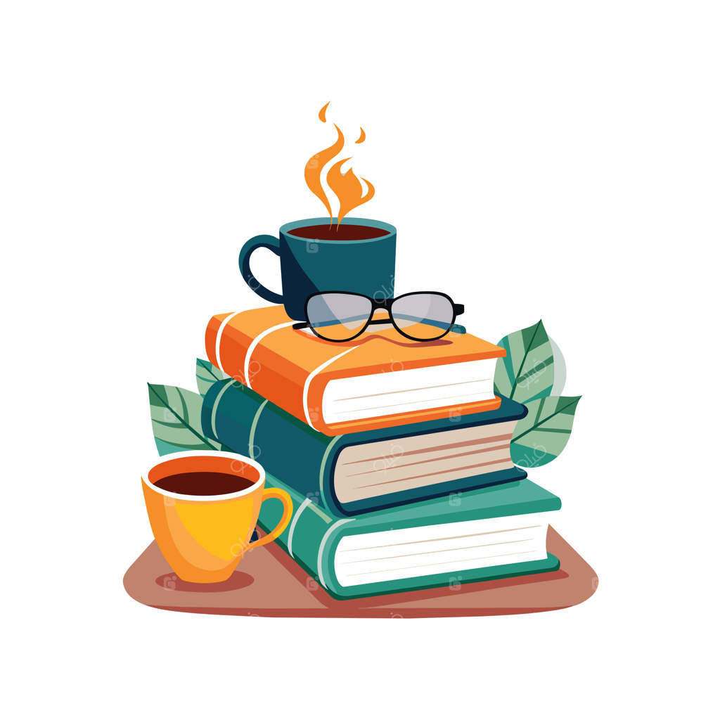 یک فنجان قهوه با یک دسته کتاب در کنار یک دسته دیگر از کتاب‌ها