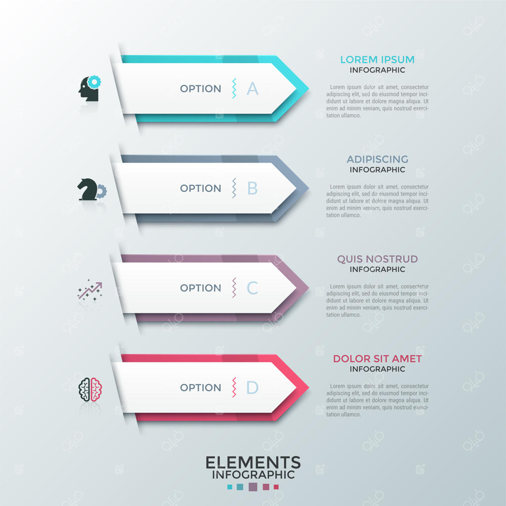 چهار فلش یا نشانگر سفید کاغذی که یکی زیر دیگری قرار گرفته و به جعبه‌های متنی اشاره می‌کنند. مفهوم انتخاب از بین چهار گزینه کسب‌وکار. طراحی خلاقانه اینفوگرافیک. تصویر برداری برای وبسایت.