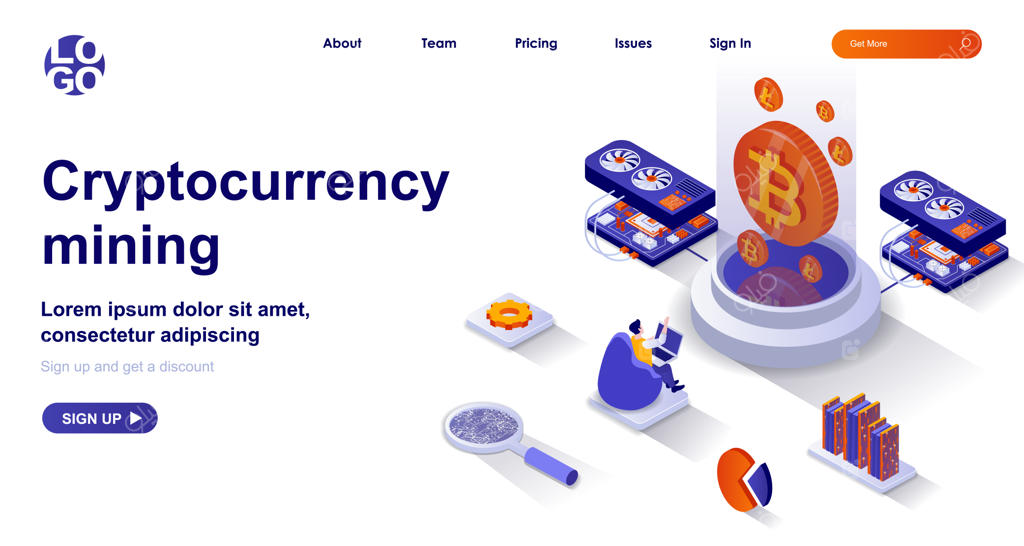 صفحه فرود ایزومتریک سه‌بعدی برای استخراج ارز دیجیتال با شخصیت‌های انسانی