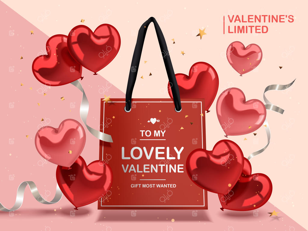 مفهوم روز ولنتاین: بادکنک‌های قلبی قرمز و روبان‌های نقره‌ای با کیسه کاغذی قرمز