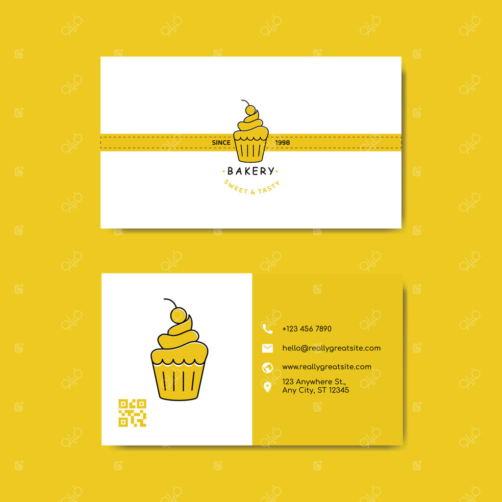 قالب طراحی کارت ویزیت مینیمالیستی وینتیج با تصاویری از کیک‌ها، پنکیک، نان و شیرینی جات و غیره.