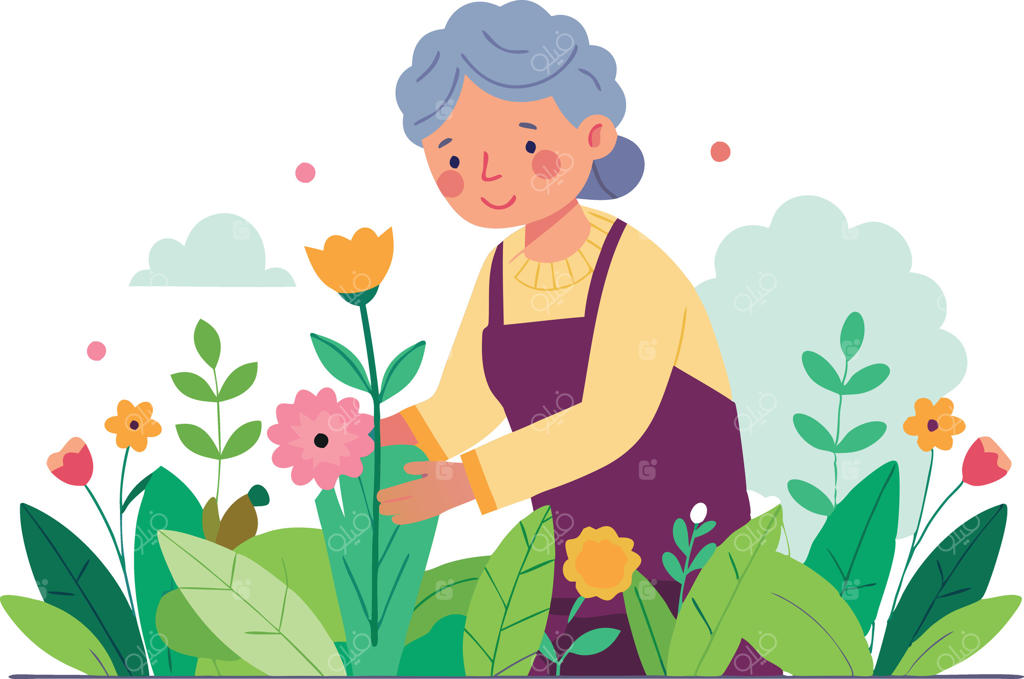 پیرزنی مراقب گل‌های رنگارنگ در باغی سرسبز